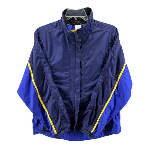 Vintage Womens XL Windbreaker Jacket Hi Lo Blue Multi Hide a Hood Moving Comfort - Picture 1 of 10